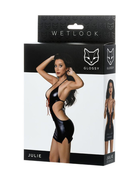 Glossy Shiny Wetlook dress JULIE - black L