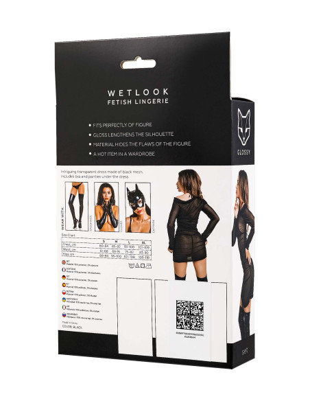 Glossy Sheril, set (dress, bra +panties), wetlook, black, S