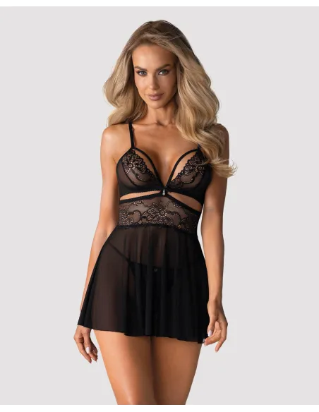 Bielizna-838-BAB-1 babydoll i stringi czarna  S/M