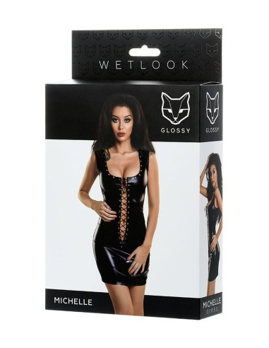 Glossy Shiny Wetlook dress with a lace MICHELLE - black XL