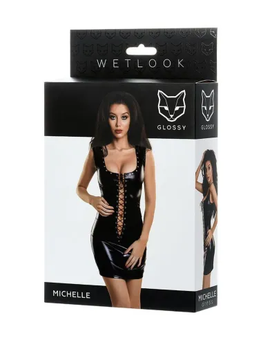 Glossy Shiny Wetlook dress with a lace MICHELLE - black M