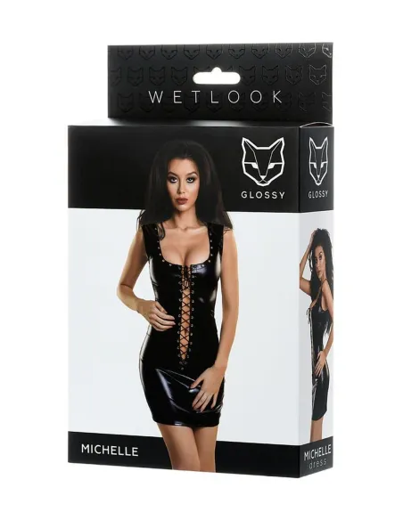 Glossy Shiny Wetlook dress with a lace MICHELLE - black M
