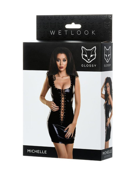 Glossy Shiny Wetlook dress with a lace MICHELLE - black S