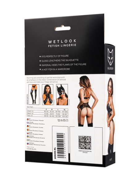 Glossy Miriam, set (top+panties), wetlook, black, L