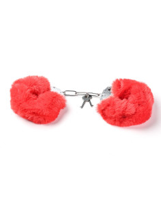 Simple Pleasure kajdanki erotyczne metalowe z futerkiem czerwone 2