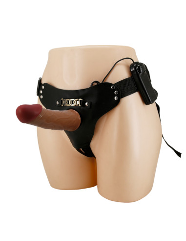 Party Up strap-on wibracje cyberkóra sterowany przewodowo kolor brązowy Nelson