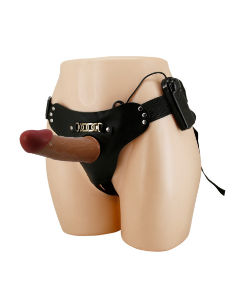 Party Up strap-on wibracje cyberkóra sterowany przewodowo kolor brązowy Nelson