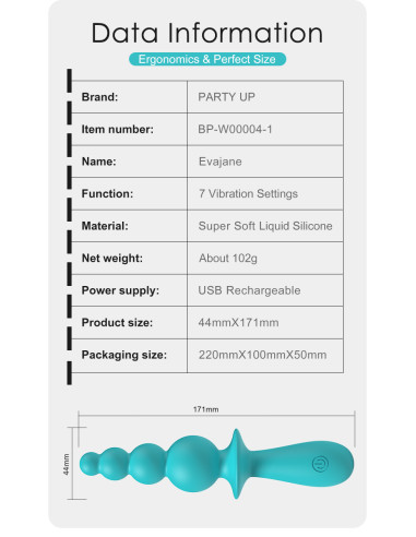 Party Up wibrator analny ładowany usb kolor turkusowy Evajane