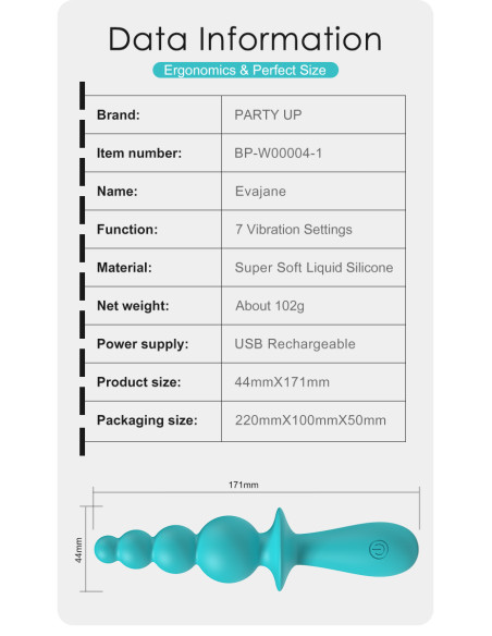 Party Up wibrator analny ładowany usb kolor turkusowy Evajane