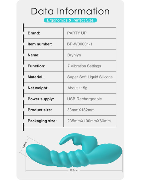 Party Up wibrator silikonowy typ króliczek ładowany usb kolor turkusowy Bryunlun