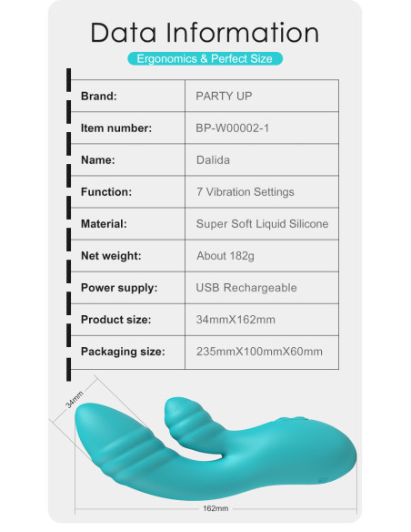 Party Up wibrator silikonowy typ króliczek ładowany usb kolor turkusowy Dalida
