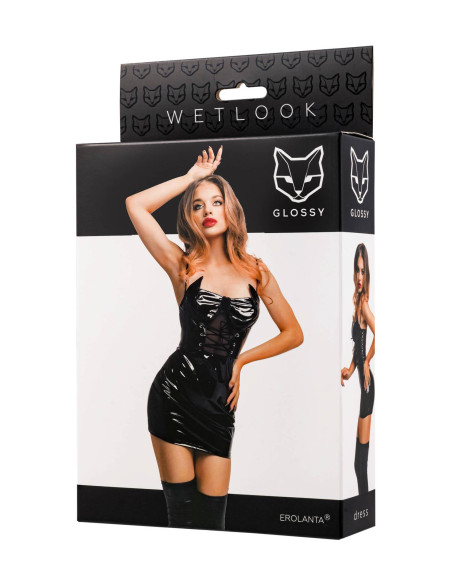 Glossy Mirabell, dress, wetlook, black, S
